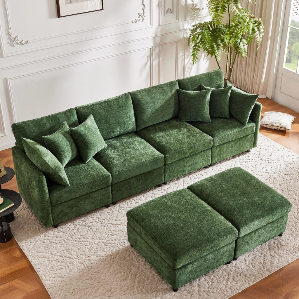 Divano modulare in ciniglia verde componibile a L o U con 2 pouf e 6 cuscini