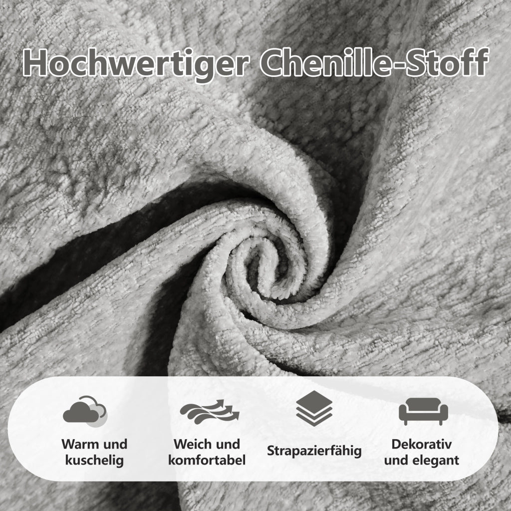 Divano panoramico a U 3 posti con pouf mobile e 2 cuscini, Chenille, Grigio chiaro