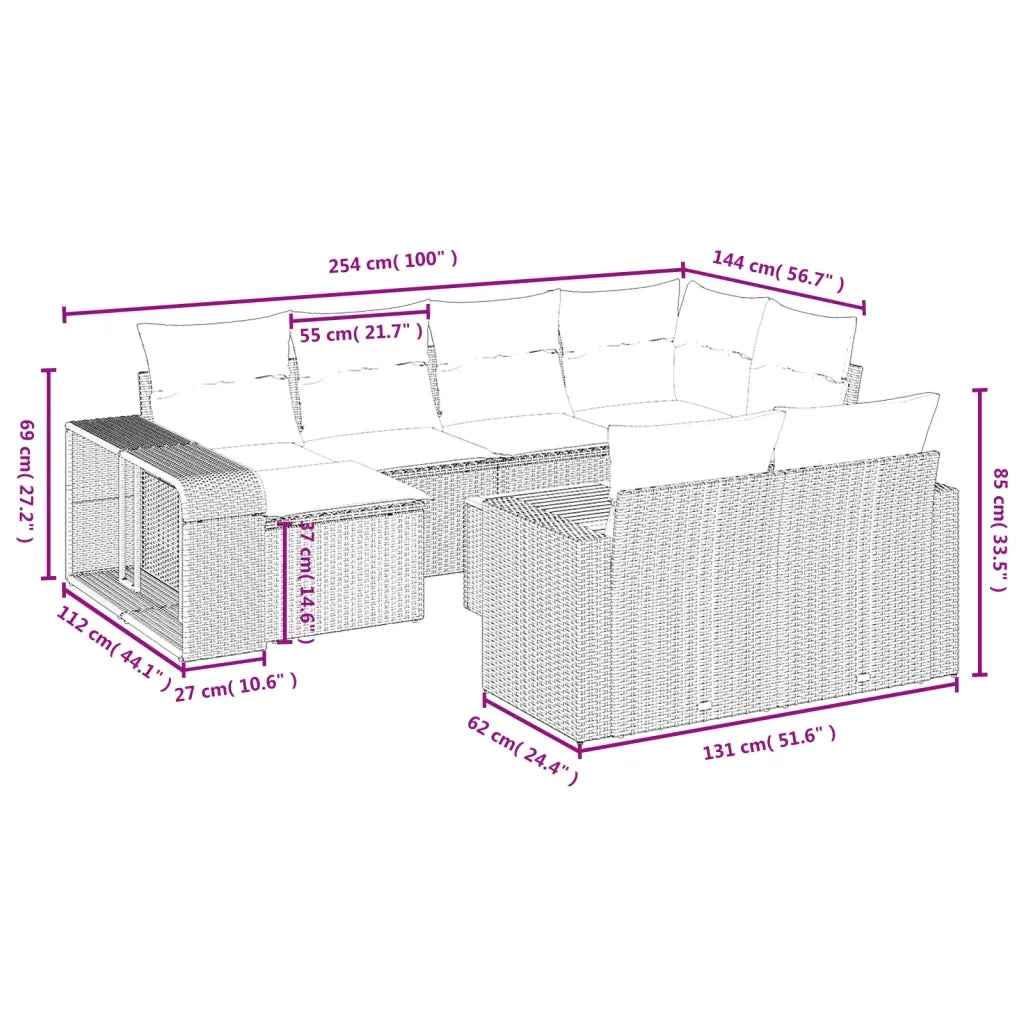Set Divani da Giardino 11 pz con Cuscini in Polyrattan Nero 3228916