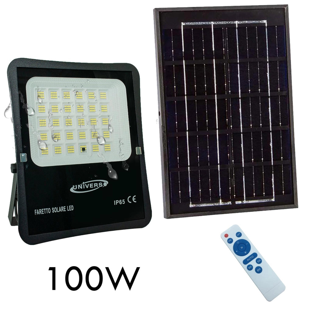 Faro pannello solare IP65 elevata autonomia 12 ore sensore crepuscolare faretto luce sicurezza giardino cancello 100W