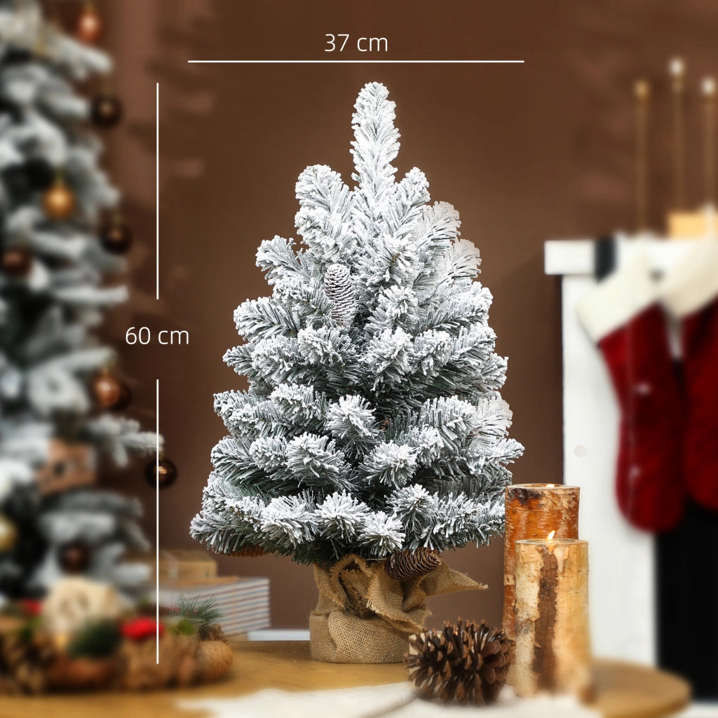 Mini Albero di Natale Artificiale 60 cm Innevato con 72 Rami e 6 Pigne Base in Cemento Decorazione Natalizia da Tavolo per Casa