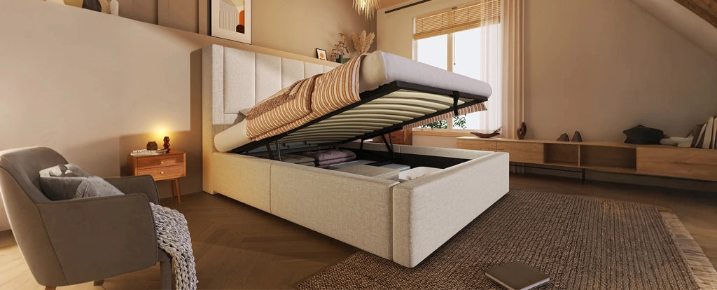 Letto imbottito 90x200 cm beige con contenitore, rete, materasso e testiera con USB/Type-C