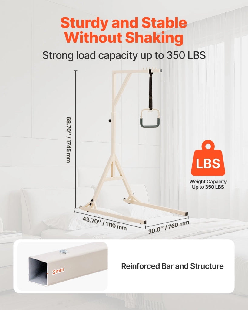 FBL900977 Barra Trapezio da Letto con Base da Pavimento in Acciaio, con 2 Rotelle e Maniglia Regolabile, Robusto per Casa