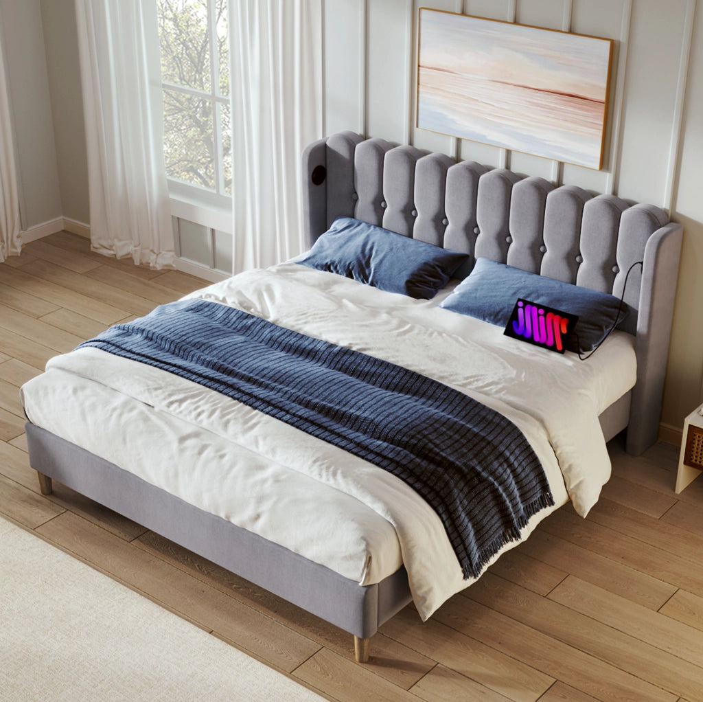 Letto matrimoniale imbottito grigio 180x200 cm con USB e USB-C