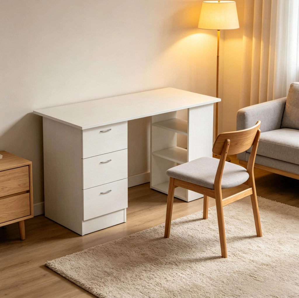 Scrivania da Ufficio in MDF Bianca con 3 Cassetti e 3 Ripiani, 120x49x72 cm