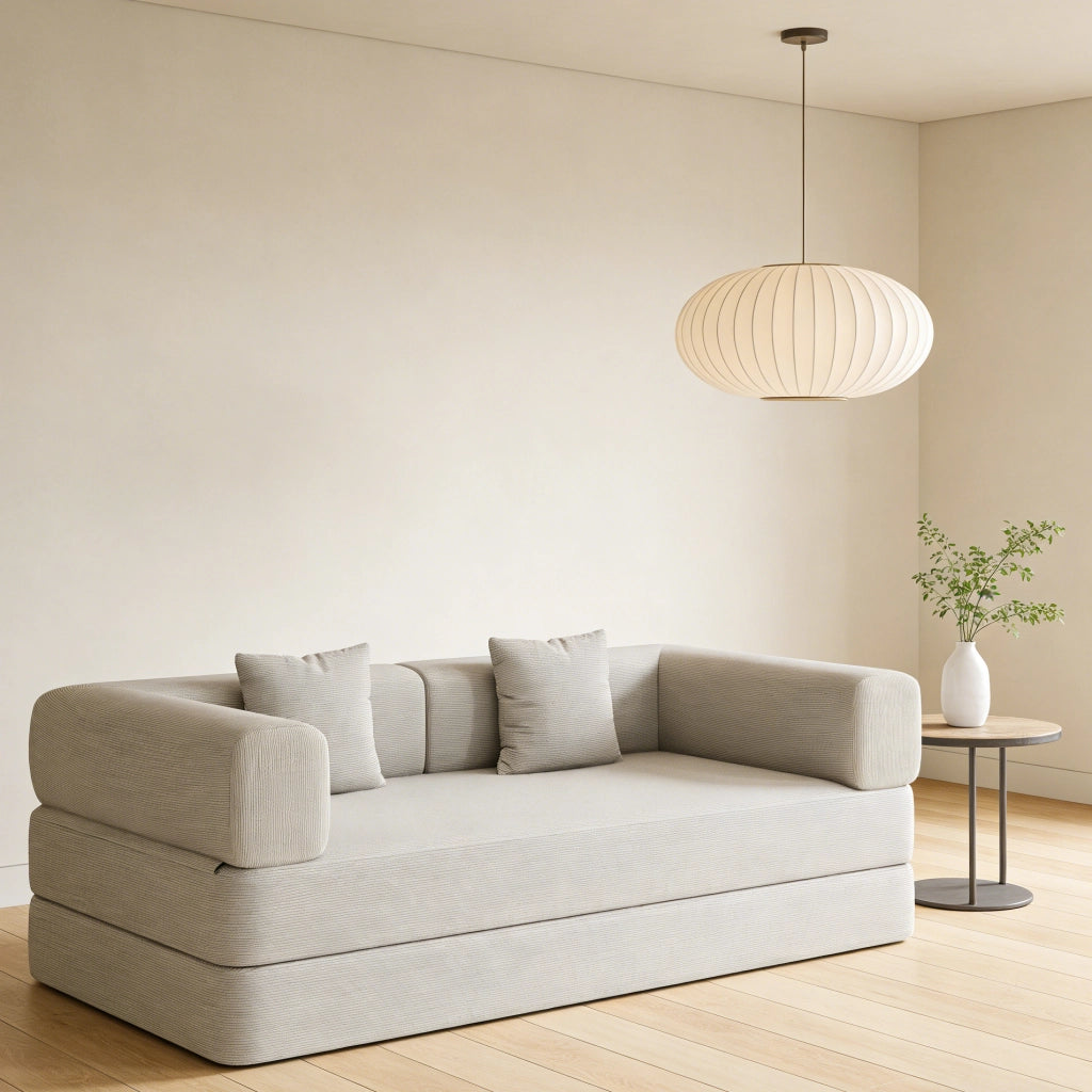 Divano letto a 3 posti pieghevole in velluto a coste bianco sporco con braccioli regolabili 200 × 100 × 70 cm