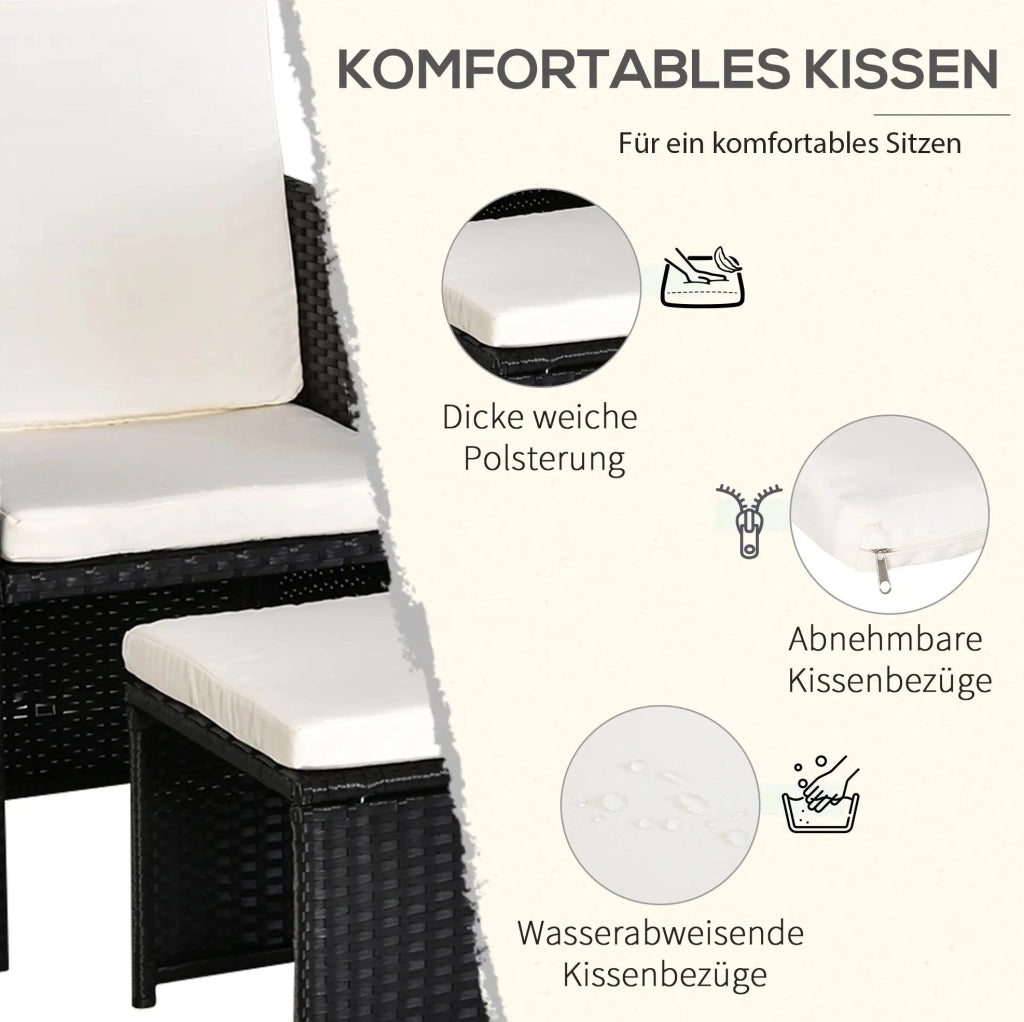 Set da pranzo da giardino in polyrattan 11 pezzi con cuscini neri, resistente alle intemperie per esterni e interni