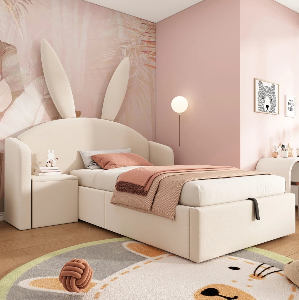 LETTO 90x190 cm per bambini in velluto beige con contenitore e comodino