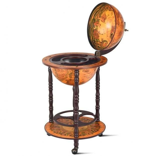 Mappamondo Bar Portabottiglie con 3 Ruote Mobile Bar Vintage per Vino e Liquori Carrello per Soggiorno e Salotto Facile da Montare