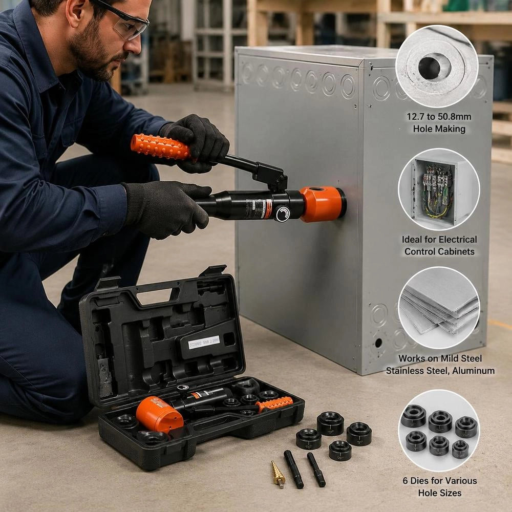 Knockout Punch Set, 98.07 KN Hydraulic Knockout Set, 12.7 To 50.8mm KO Tool Kit Hole Making Tool, KO Tools Kit W/6 Dies For Metal Electrical Cabinets, Electrical Control Cabinets, Switch Cabinet