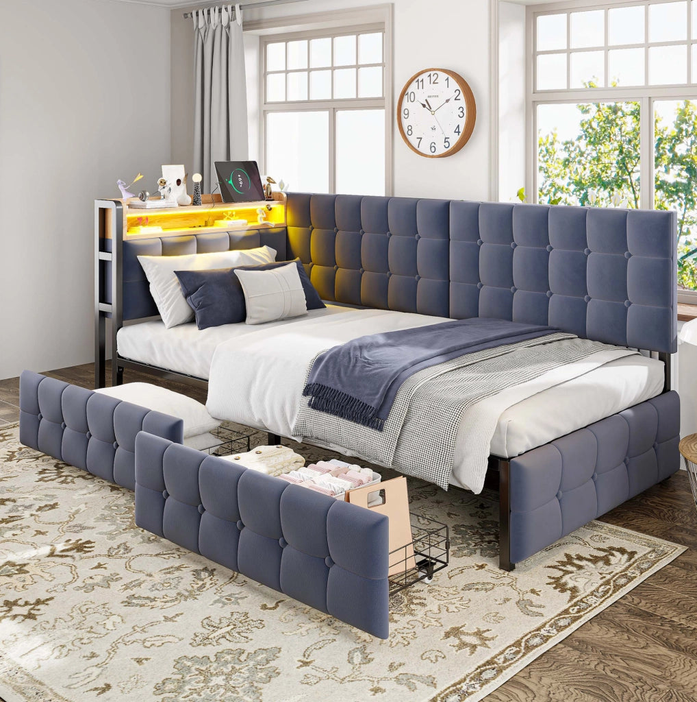 Divano letto imbottito 90x200 cm con 2 cassetti; LED e prese USB/Type-C; tessuto grigio