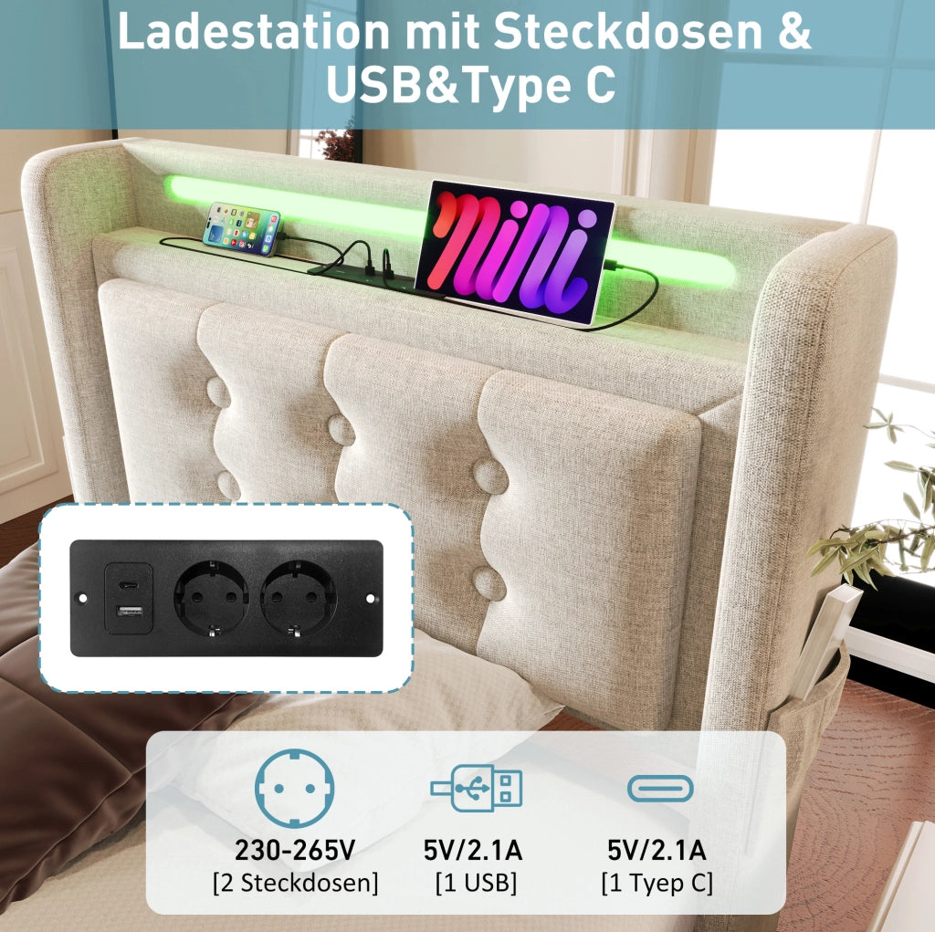 LETTO 90x200 cm Beige in cotone-lino con LED, prese, USB e Type C