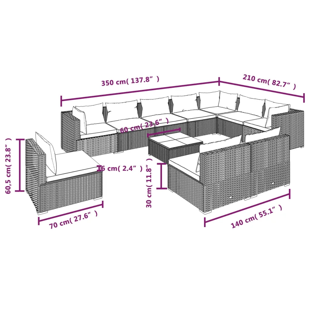 Set Divani da Giardino 11 pz con Cuscini in Polyrattan Marrone 3102603
