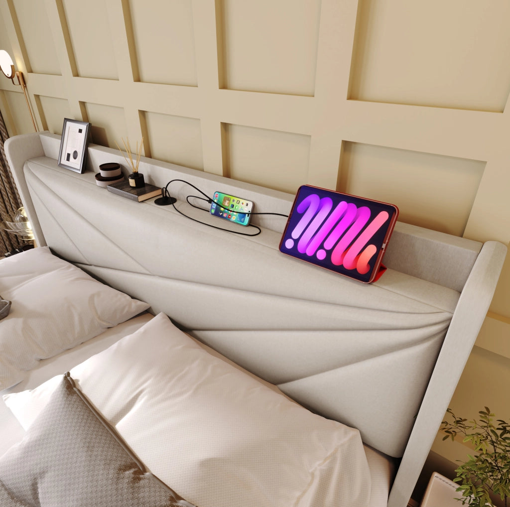 LETTO Contenitore 160x200 cm con USB e USB-C Beige in cotone e lino