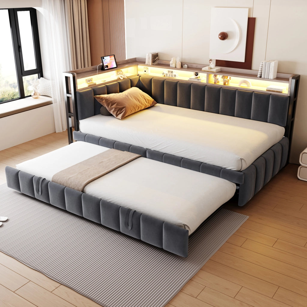 Divano letto estraibile 90x200 cm con LED, USB e Type-C grigio