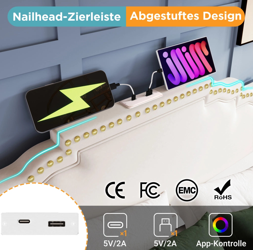 LETTO 160x200 cm in velluto beige con LED e porte USB/Type-C