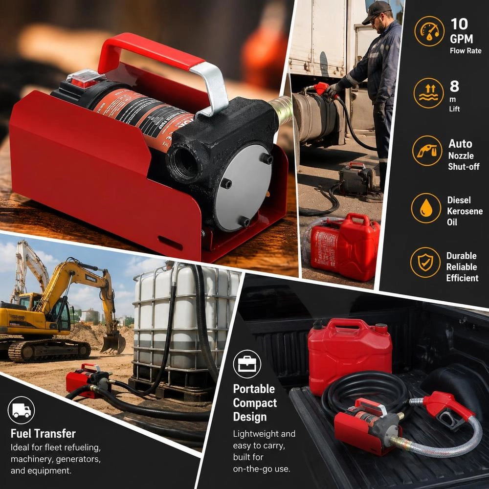 Diesel Pump 1/4 HP, Heating Oil Pump, DC 12 V, Fuel Transfer Pump, 8m Delivery Head, 3m Suction Head, Self-priming, Automatic Dispensing Nozzle, 4m Discharge Hose, Suitable For Diesel, Kerosene, Transformer Oil