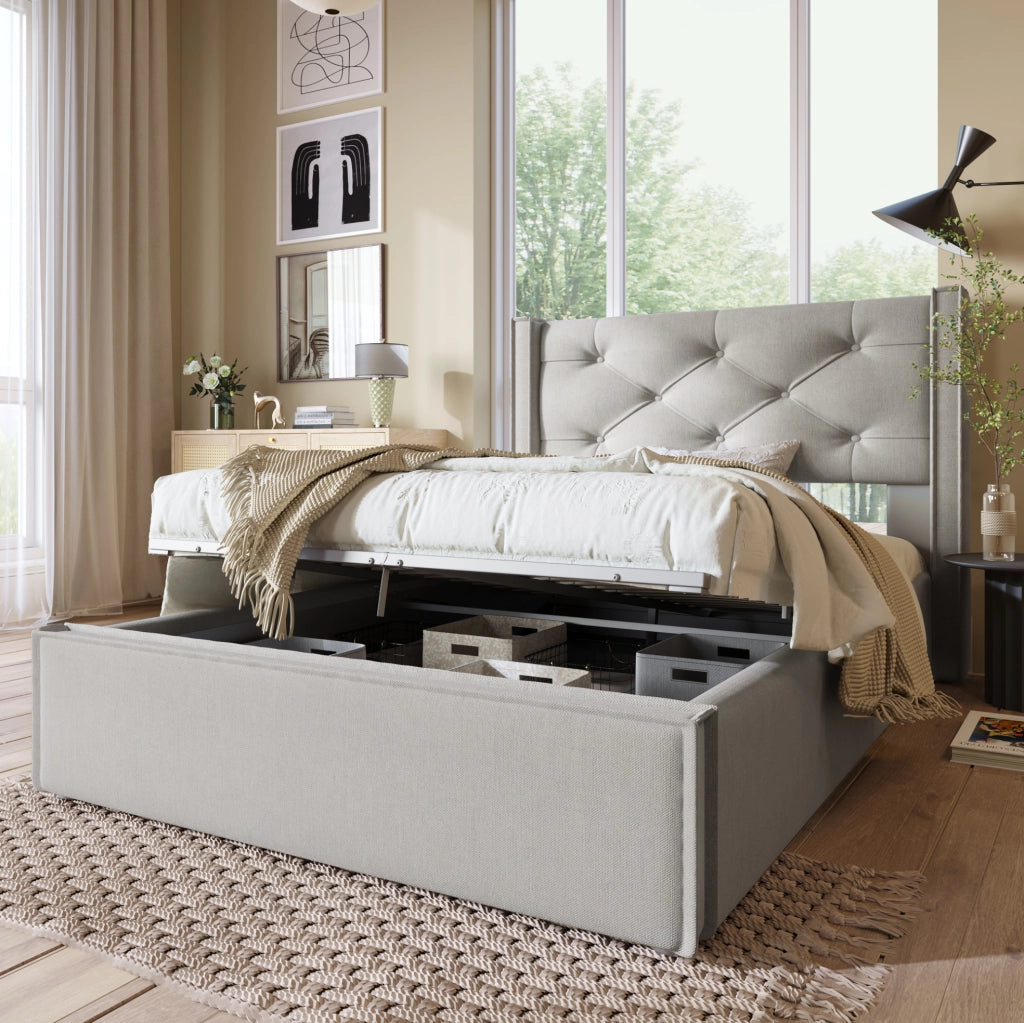 Letto singolo imbottito 90x200 cm con contenitore e rete sollevabile, grigio chiaro
