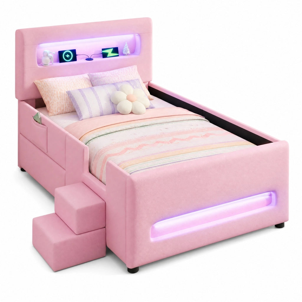 Letto con cassetti 90 × 200 cm imbottito con scala e LED in PU e MDF rosa