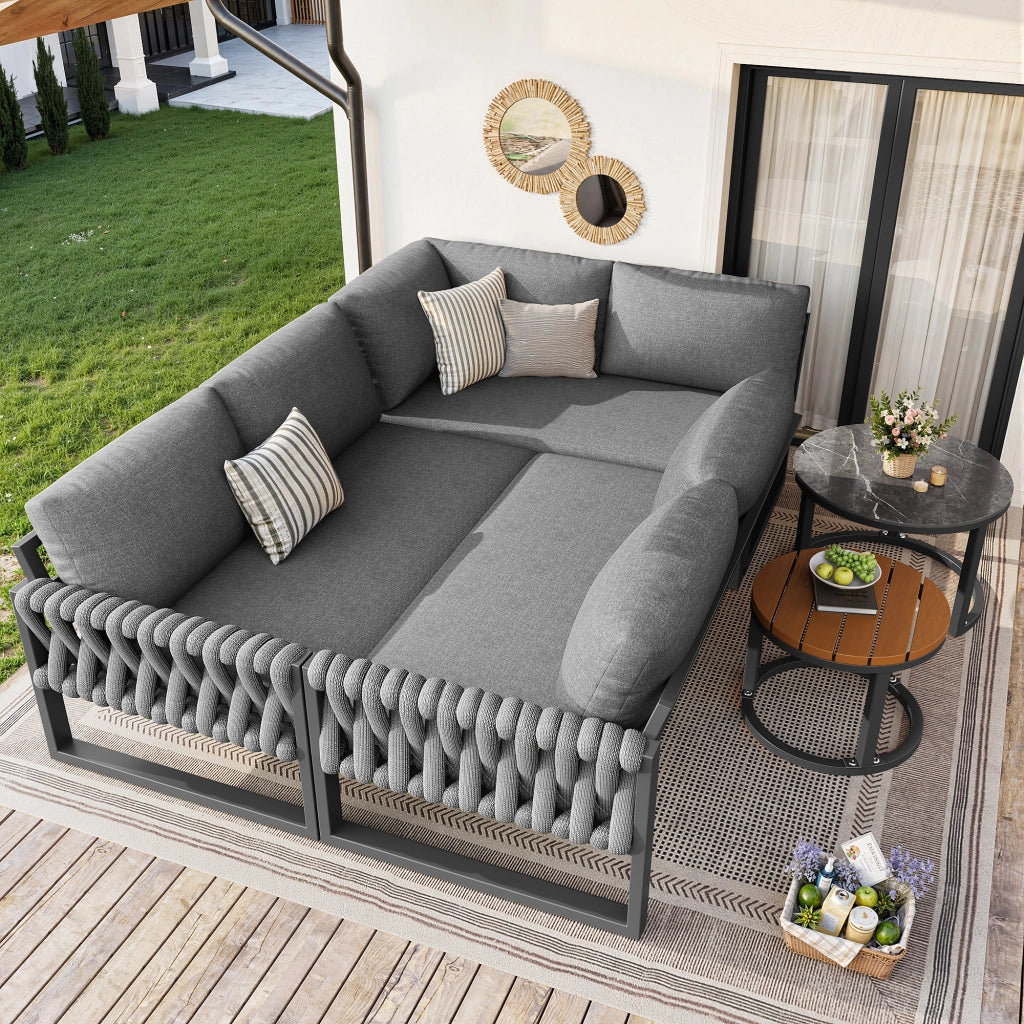 Set lounge da giardino modulare grigio con 2 tavolini regolabili e cuscini sfoderabili in olefina