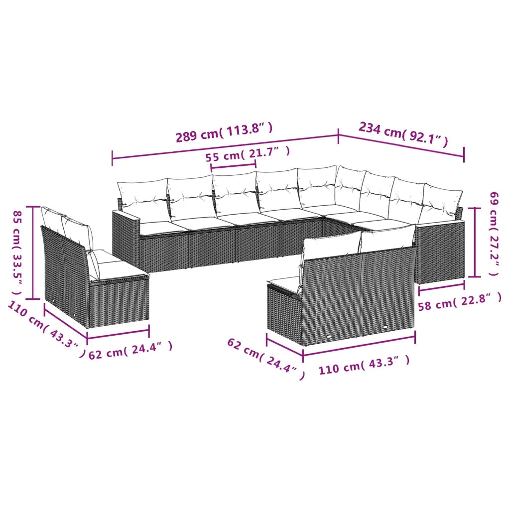 Set Divani da Giardino 12 pz con Cuscini Beige in Polyrattan