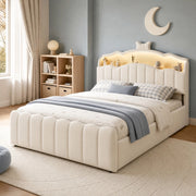 Letto imbottito 140x200 cm con vano contenitore idraulico; LED multicolore; USB e USB-C; velluto beige