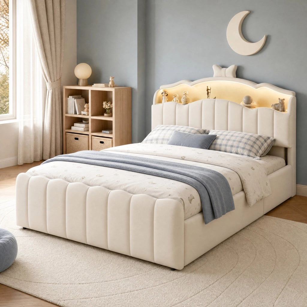 Letto imbottito 140x200 cm con vano contenitore idraulico; LED multicolore; USB e USB-C; velluto beige
