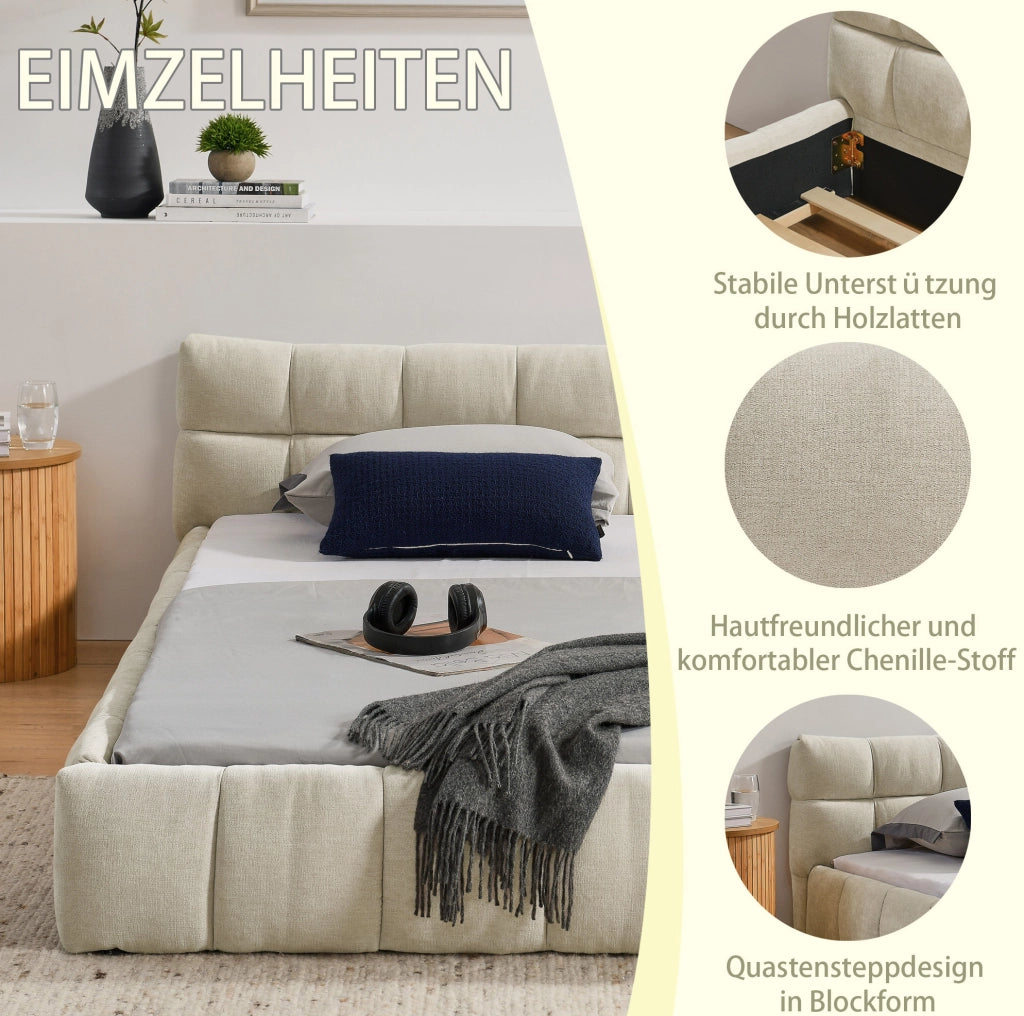 Letto singolo imbottito 90x200 cm beige in ciniglia