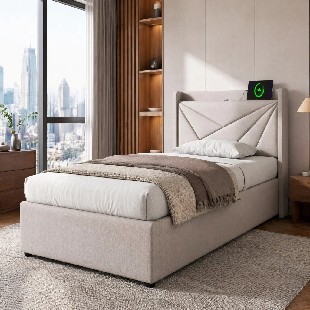 Letto singolo imbottito 90x200 cm con contenitore, testiera con USB e Type-C, beige