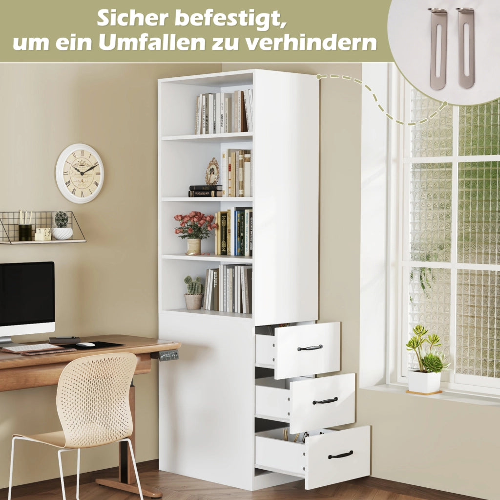 Libreria alta 180 cm slim con 3 cassetti laterali; 4 ripiani; bianco