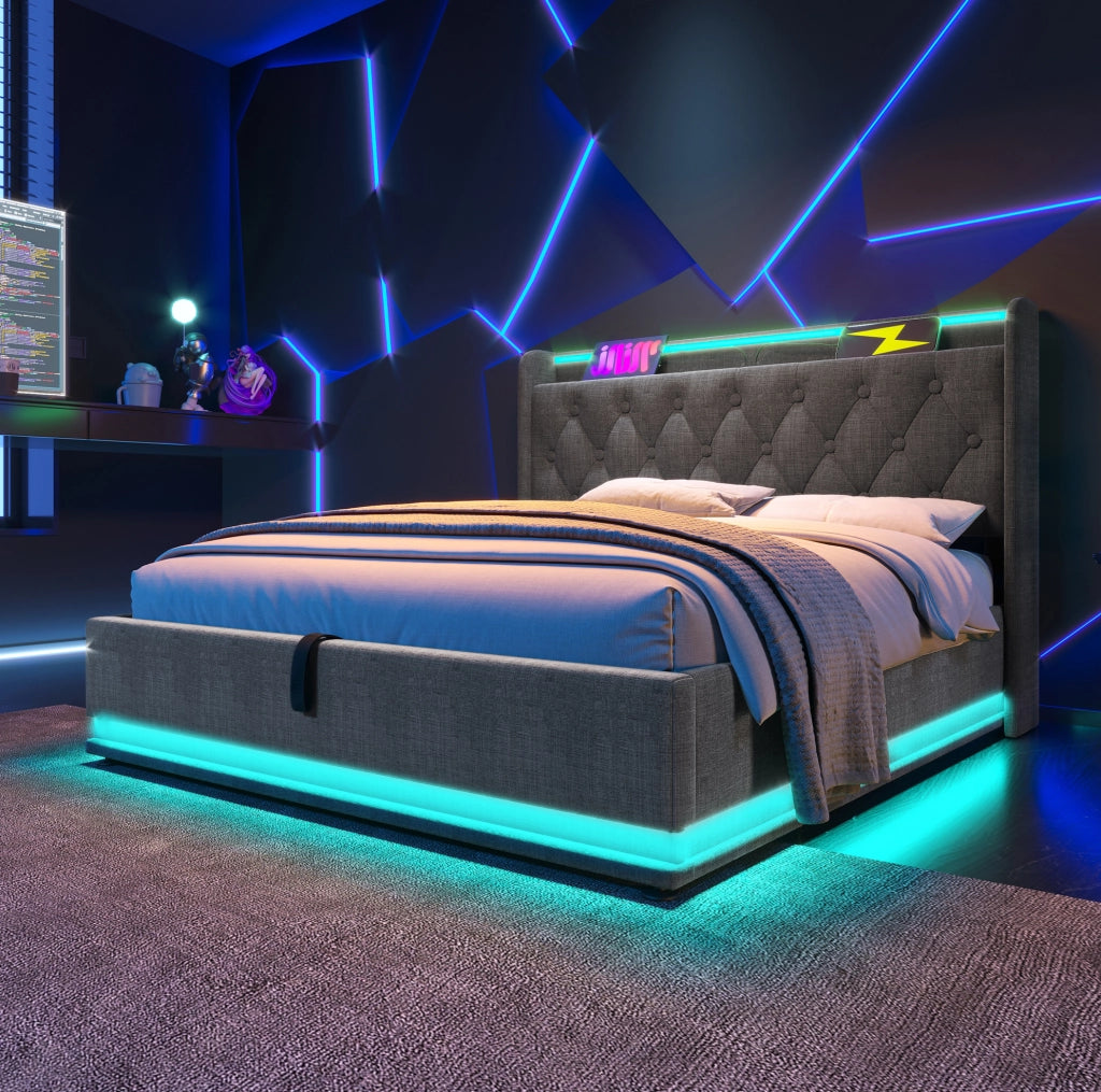 LETTO Contenitore 180x200 cm in lino grigio con LED, USB e Tipo C