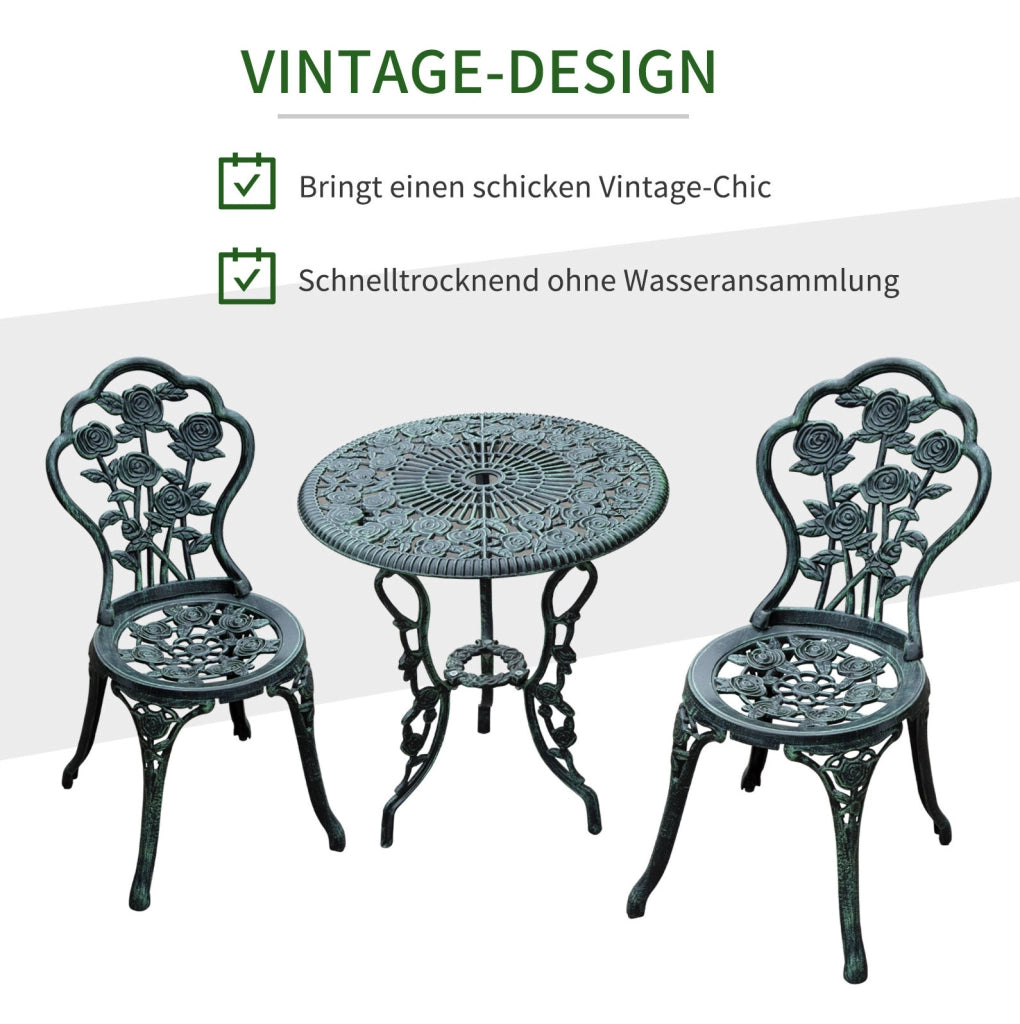 Set da bistro 3 pezzi in alluminio pressofuso verniciato verde antico per balcone e terrazza