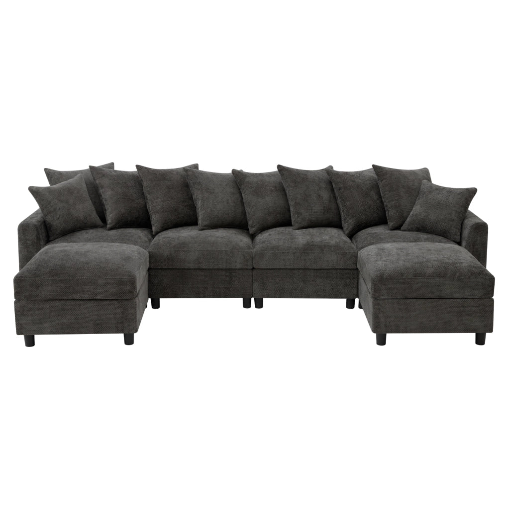 Divano modulare ULEVR 6 posti a U o L con 2 pouf, USB e Type-C, cuscini regolabili, chenille grigio
