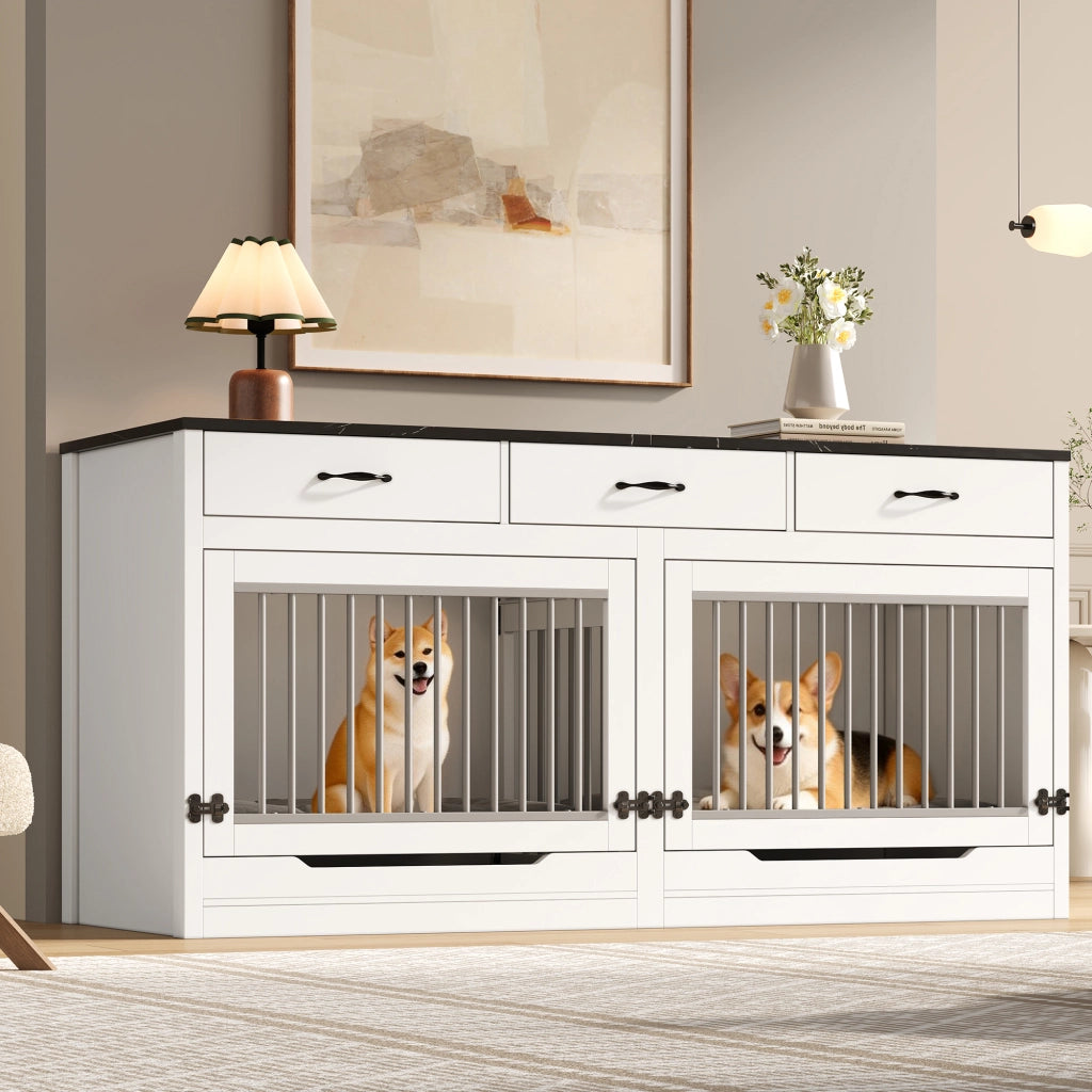 Gabbia per cani con porta sollevabile, divisorio rimovibile e 3 cassetti in MDF e metallo bianco e nero 164×60×81 cm
