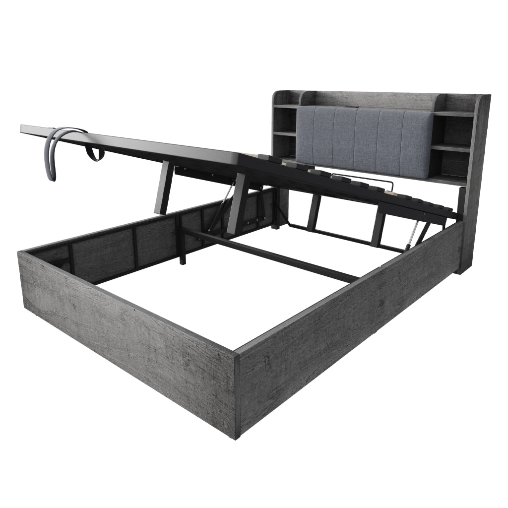 Letto contenitore 180x200 cm grigio con testiera a vani e porte USB e USB-C