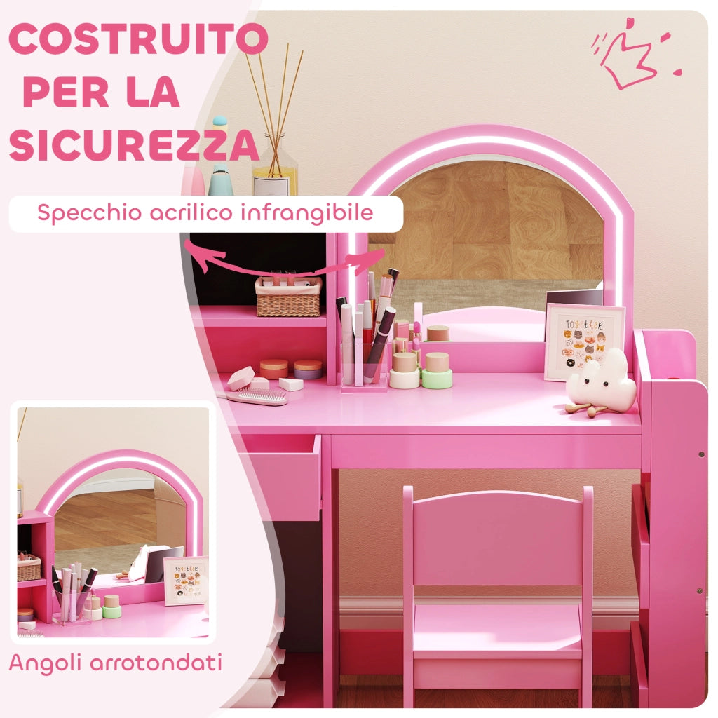 Set toeletta trucco per bambini con specchio, sedia, scaffali e libreria ¨C Minimal ¨C rosa