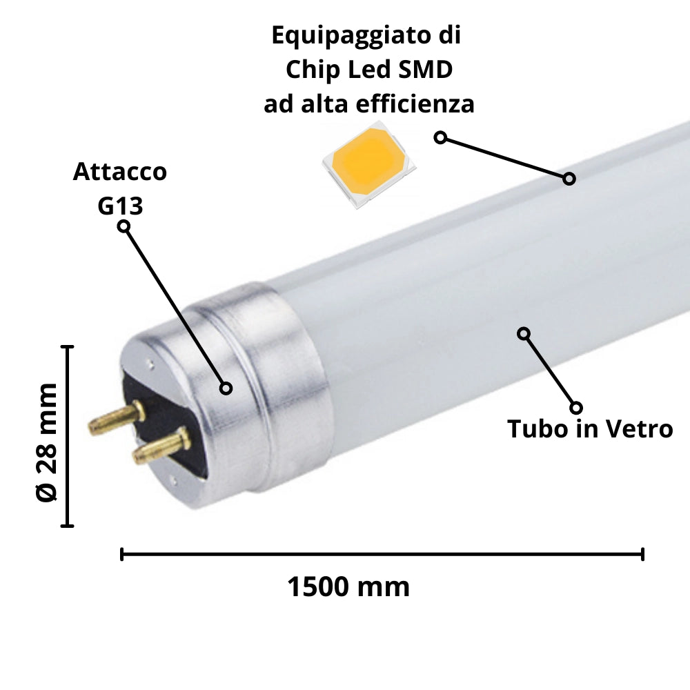 Tubo led t8 22watt 150cm vetro attacco g13 risparmio energetico 6000k pezzi 6