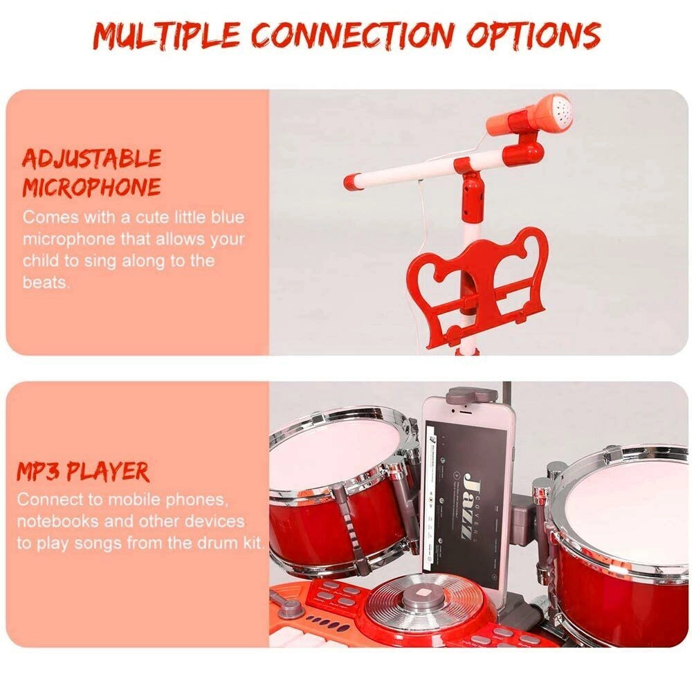 Batteria Musicale Giocattolo con Microfono Pianola Piatto DJ e Lettore MP3 Rosso