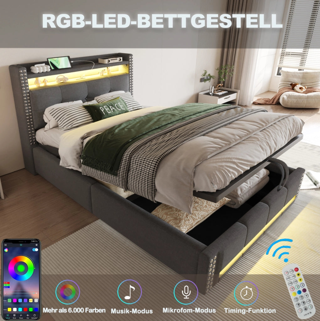 Letto imbottito singolo 90x200 cm con LED, USB e contenitore idraulico, grigio