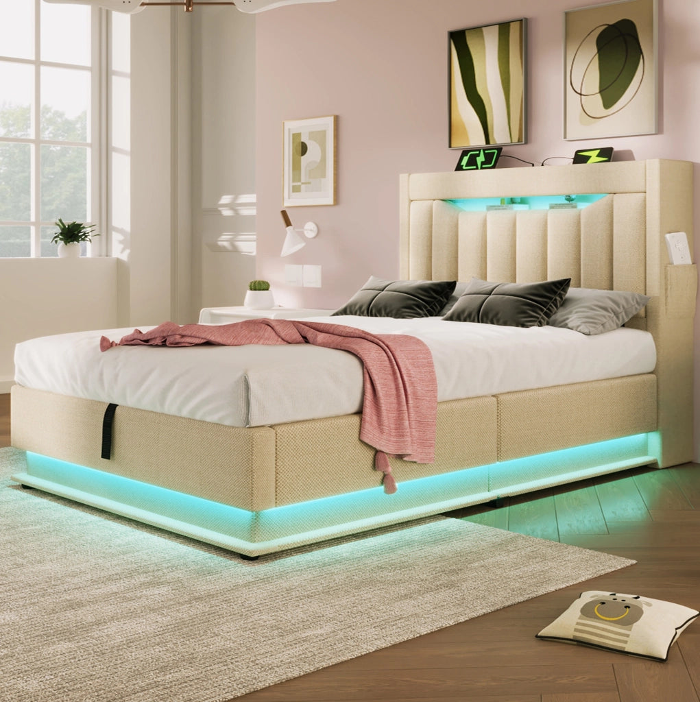 LETTO contenitore 90x200 cm in lino beige con LED e ricarica USB/Type-C