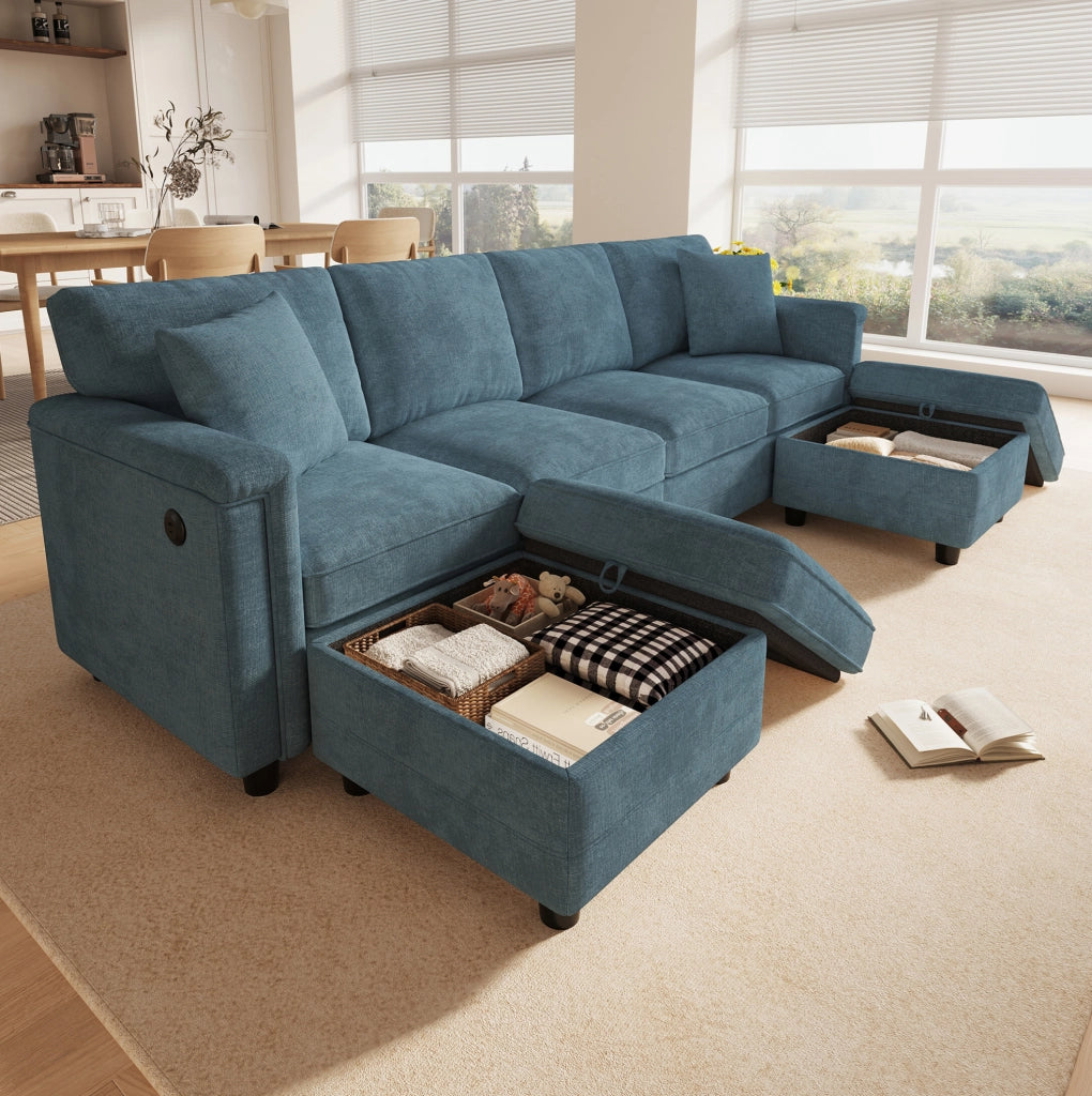 Divano modulare blu in ciniglia 261x134x82 cm con 2 pouf contenitore; USB e Type-C