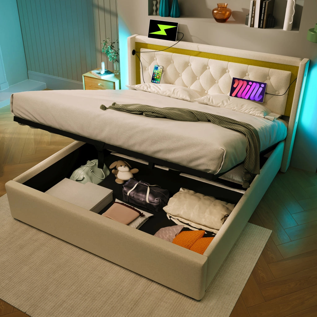 Letto matrimoniale LED 140x200 in cotone beige con USB e Type-C, contenitore e rete a doghe