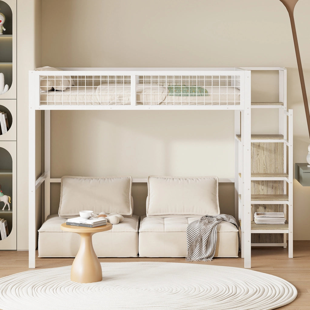 Letto a soppalco 140x200 cm con scala e armadio; bianco