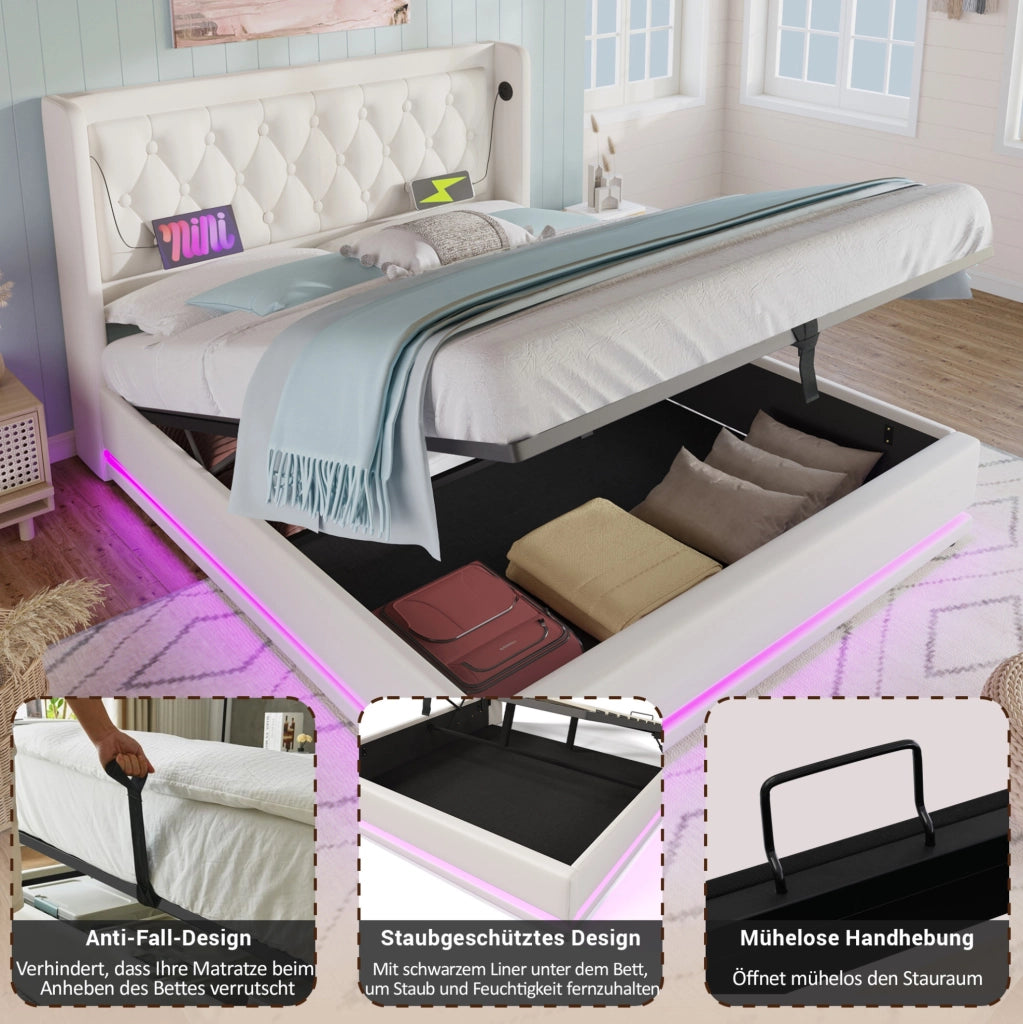 Letto contenitore imbottito 160x200 cm in PU bianco con LED e USB Type-C