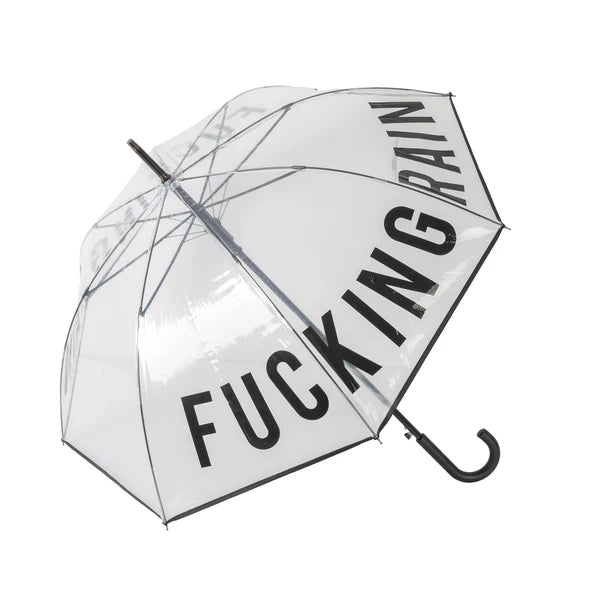 ombrello trasparente con scritta "Fucking Rain"