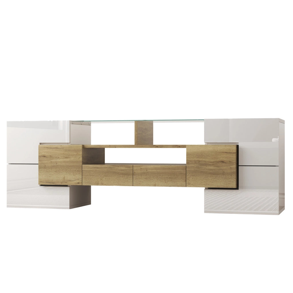 Mobile TV 145 cm con LED multicolore, 6 ante e 2 cassetti bianco e oro