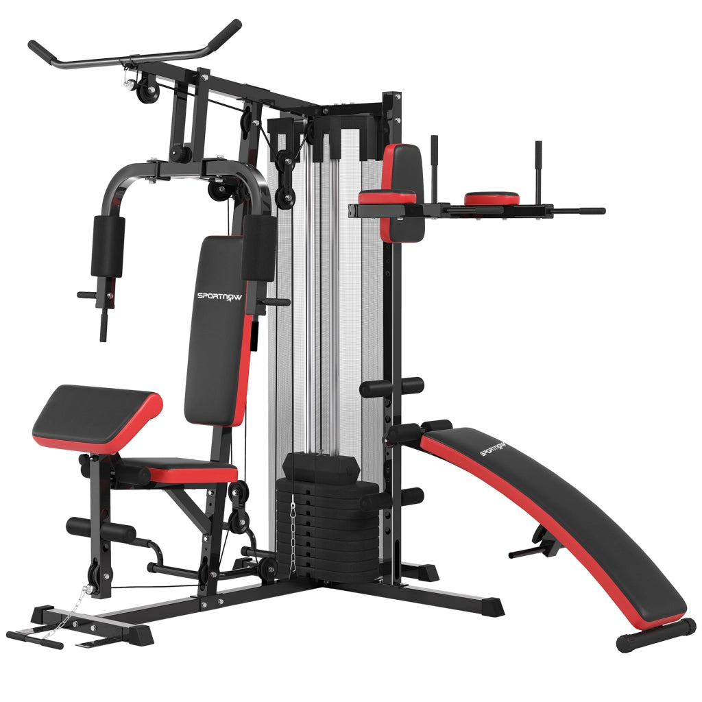 Stazione fitness multifunzione con pacco pesi 65 kg regolabile in acciaio e finta pelle per allenamento a casa