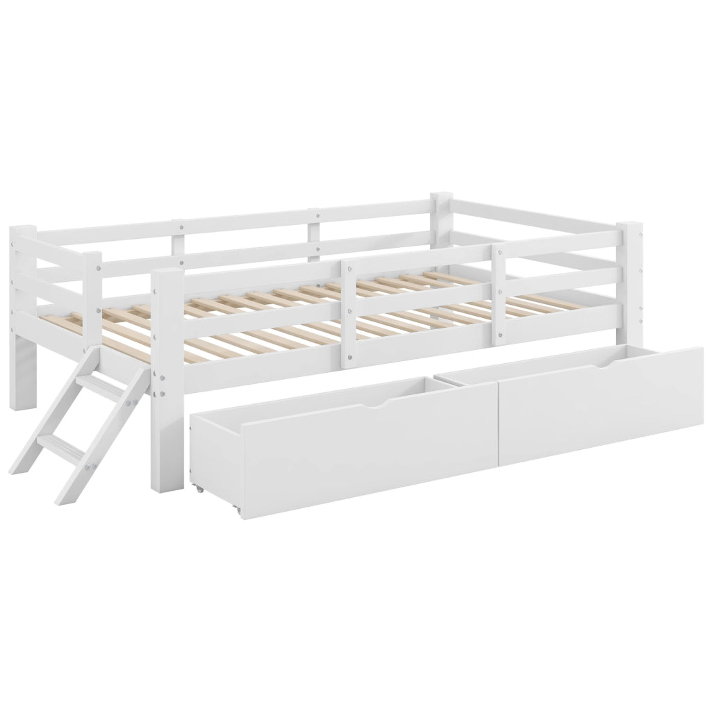 Letto a piattaforma 90x200 cm con sponde; 2 cassetti; MDF e compensato; bianco