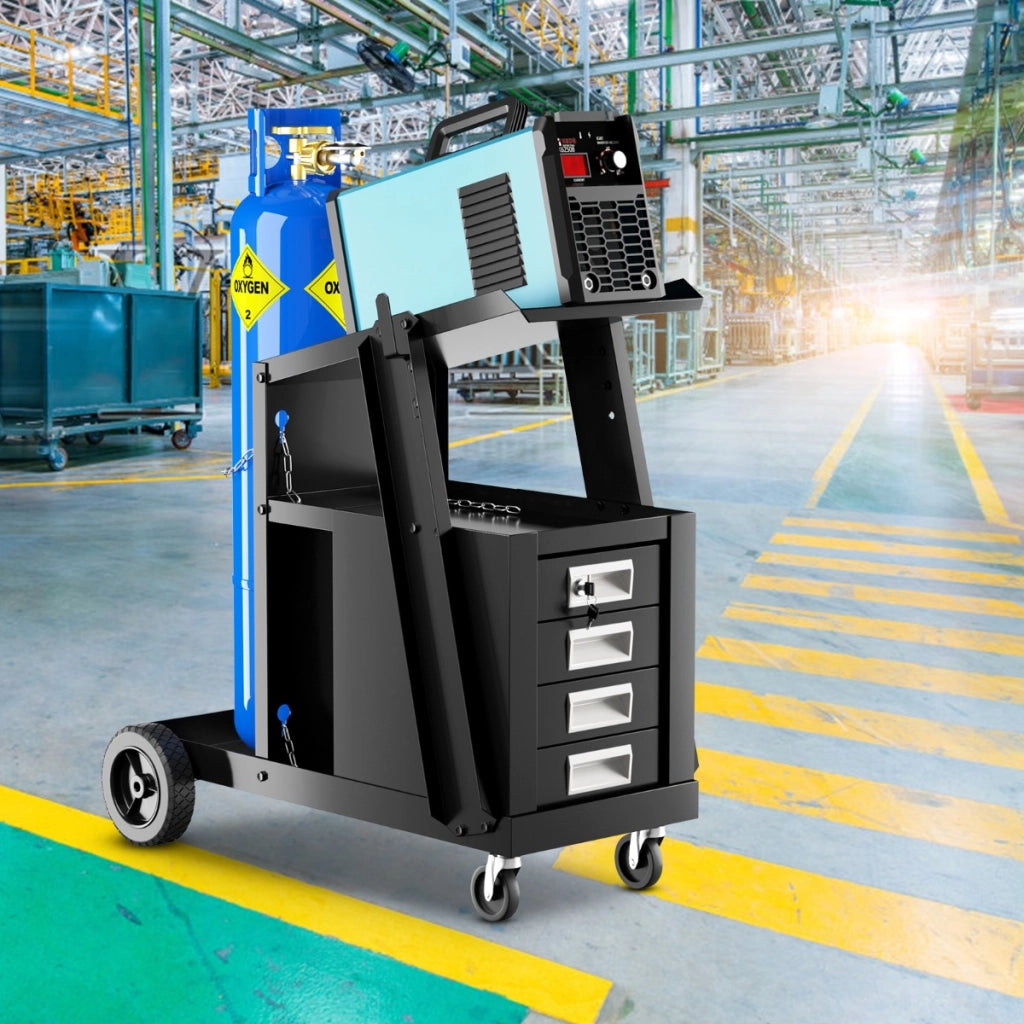 Carrello porta saldatrice con 4 cassetti ripiano per bombola e catene di sicurezza, Trolley in metallo Nero-Deposito utensili Tool