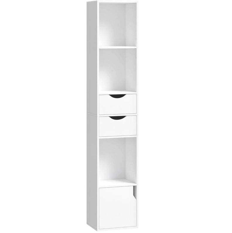 Libreria sottile bianca con 2 cassetti e 3 ripiani aperti 30x24x158 cm per ufficio e camera da letto